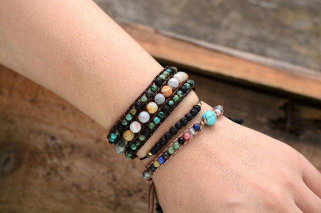 Boho Cuff Bracelets Natural Stones Lava Beads